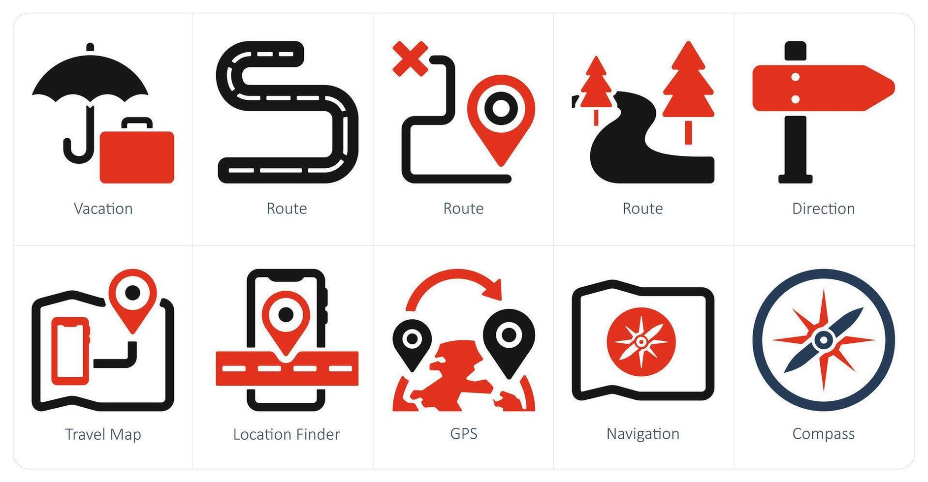 A set of 10 Travel and vacation icons as vacation, route, direction vector
