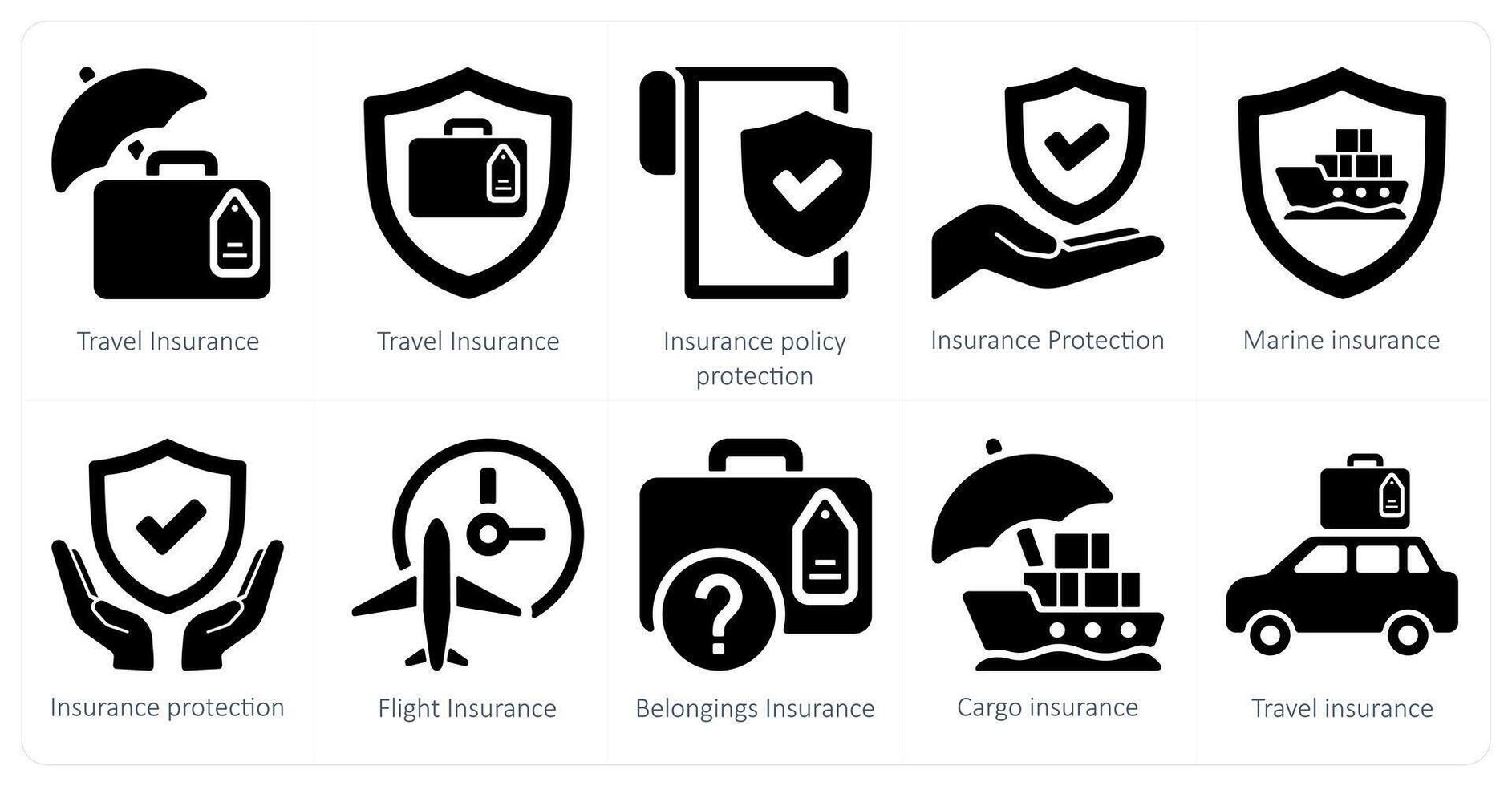 A set of 10 Insurance icons as travel insurance, insurance policy protection, insurance protection vector