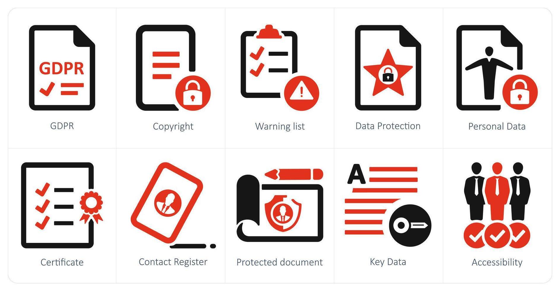 A set of 10 gdpr icons as gdpr, copyright, wraning list vector