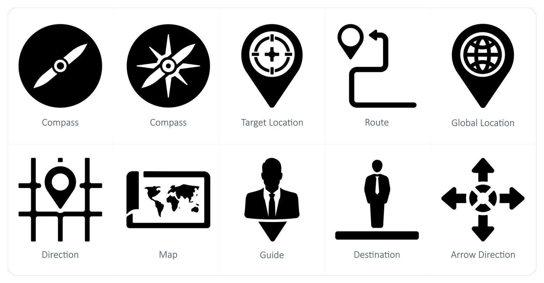 A set of 10 Navigation icons as compass, target location, route vector