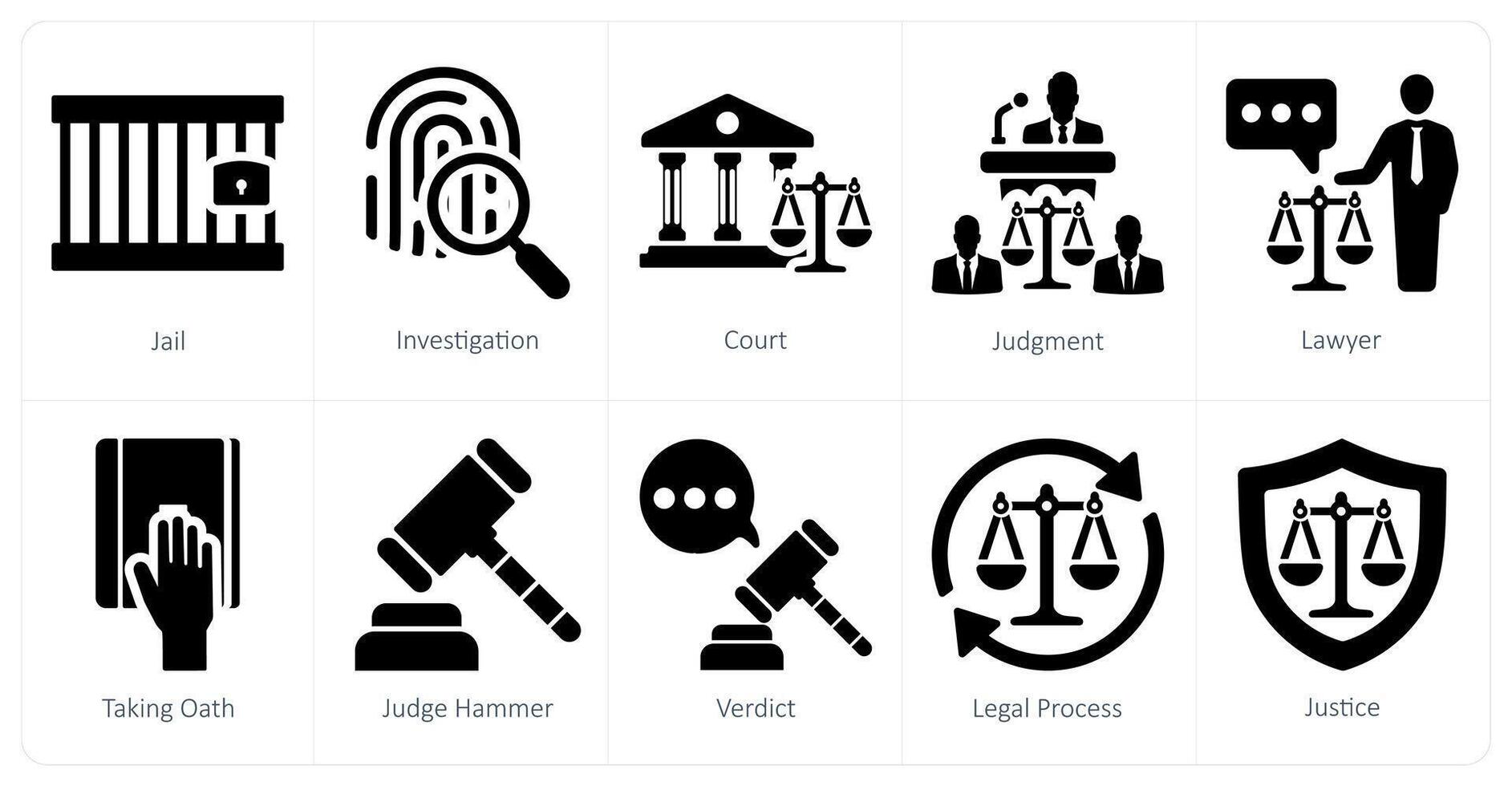 A set of 10 justice icons as jail, investigation, court vector