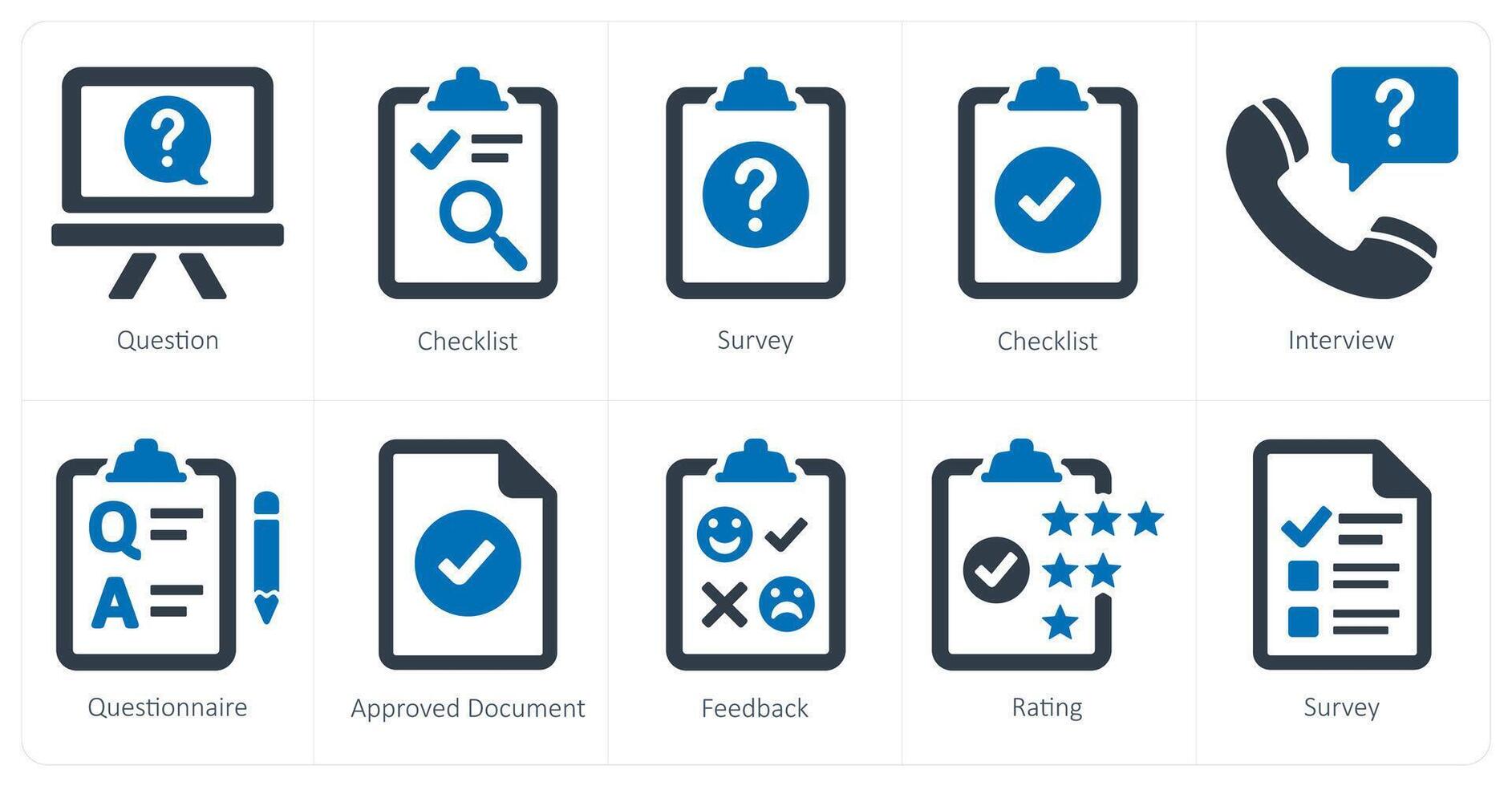 A set of 10 survey and ratings icons as question, checklist, survey vector