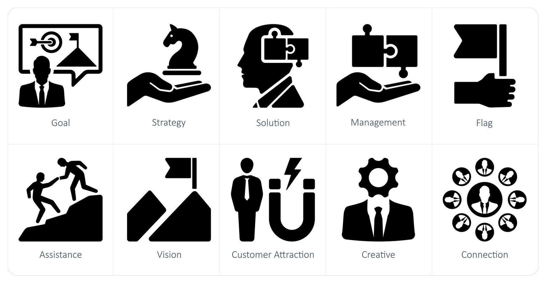 A set of 10 Leadership icons as goal, strategy, solution, management vector
