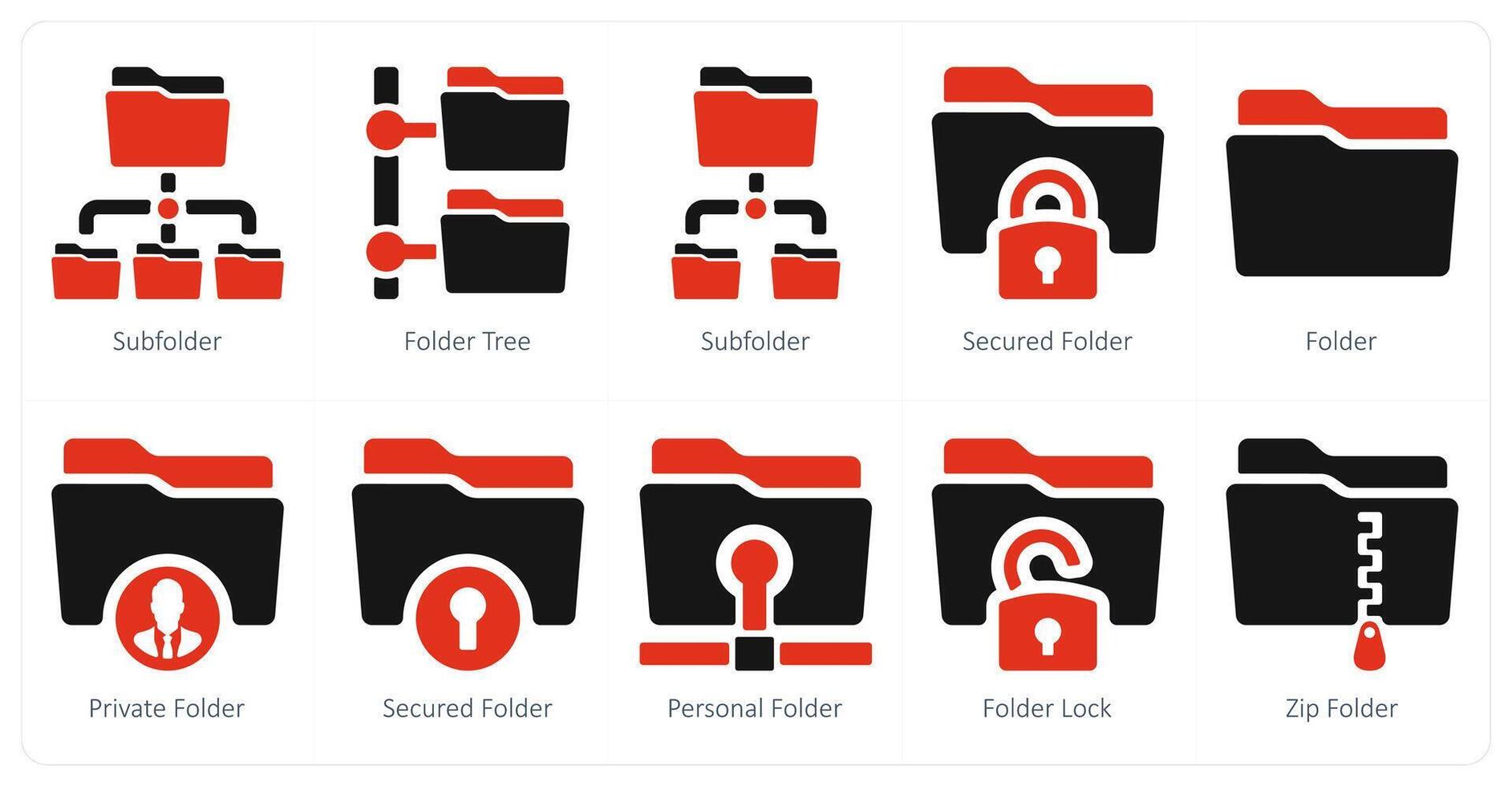 A set of 10 Folder icons as sub folder, folder tree, secured folder vector