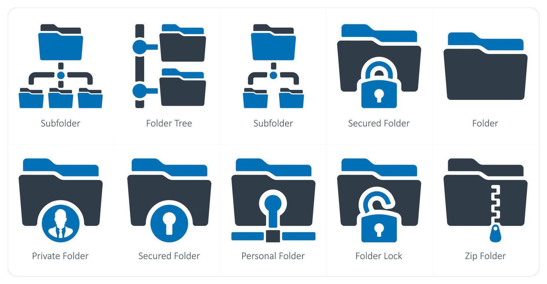 A set of 10 Folder icons as sub folder, folder tree, secured folder vector