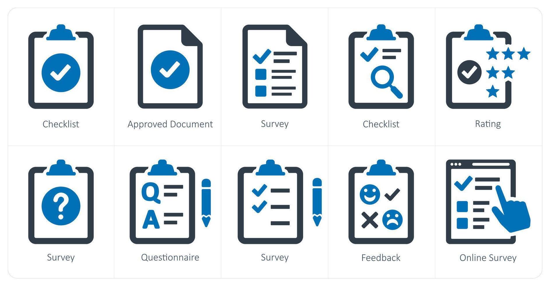 A set of 10 survey and ratings icons as checklist, approved document, survey vector