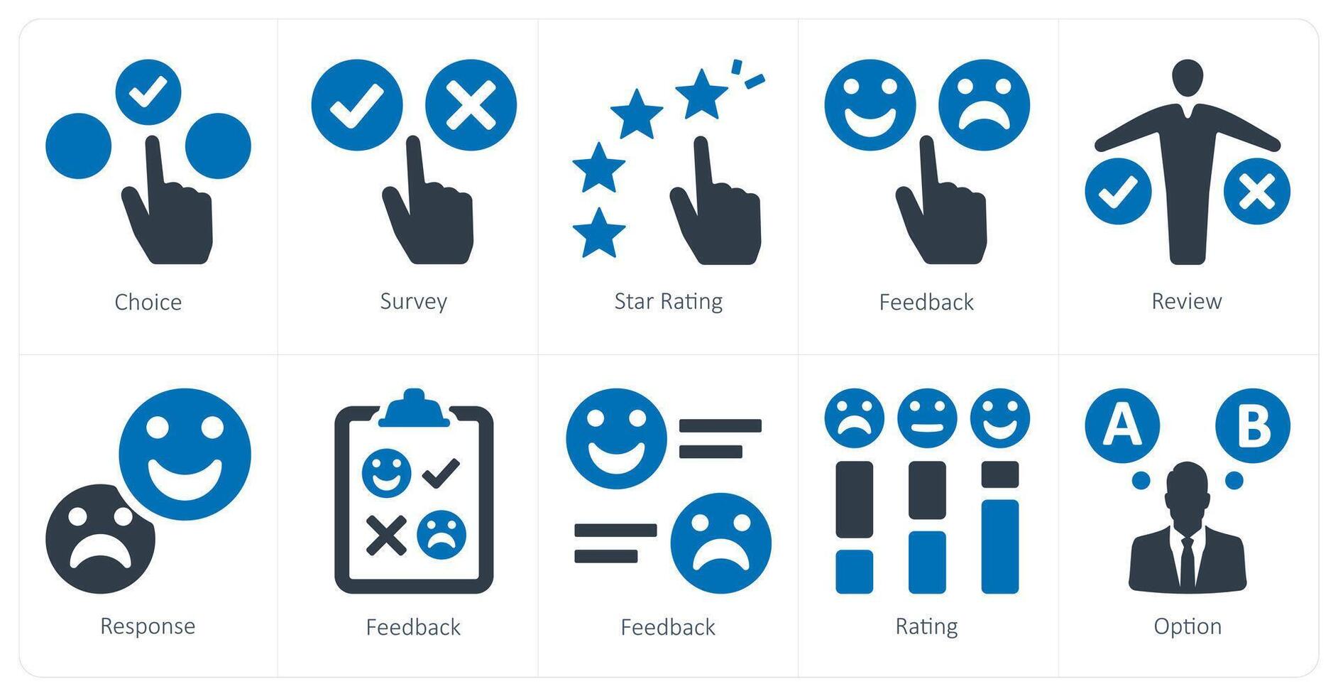 A set of 10 survey and ratings icons as choice, survey, star rating vector