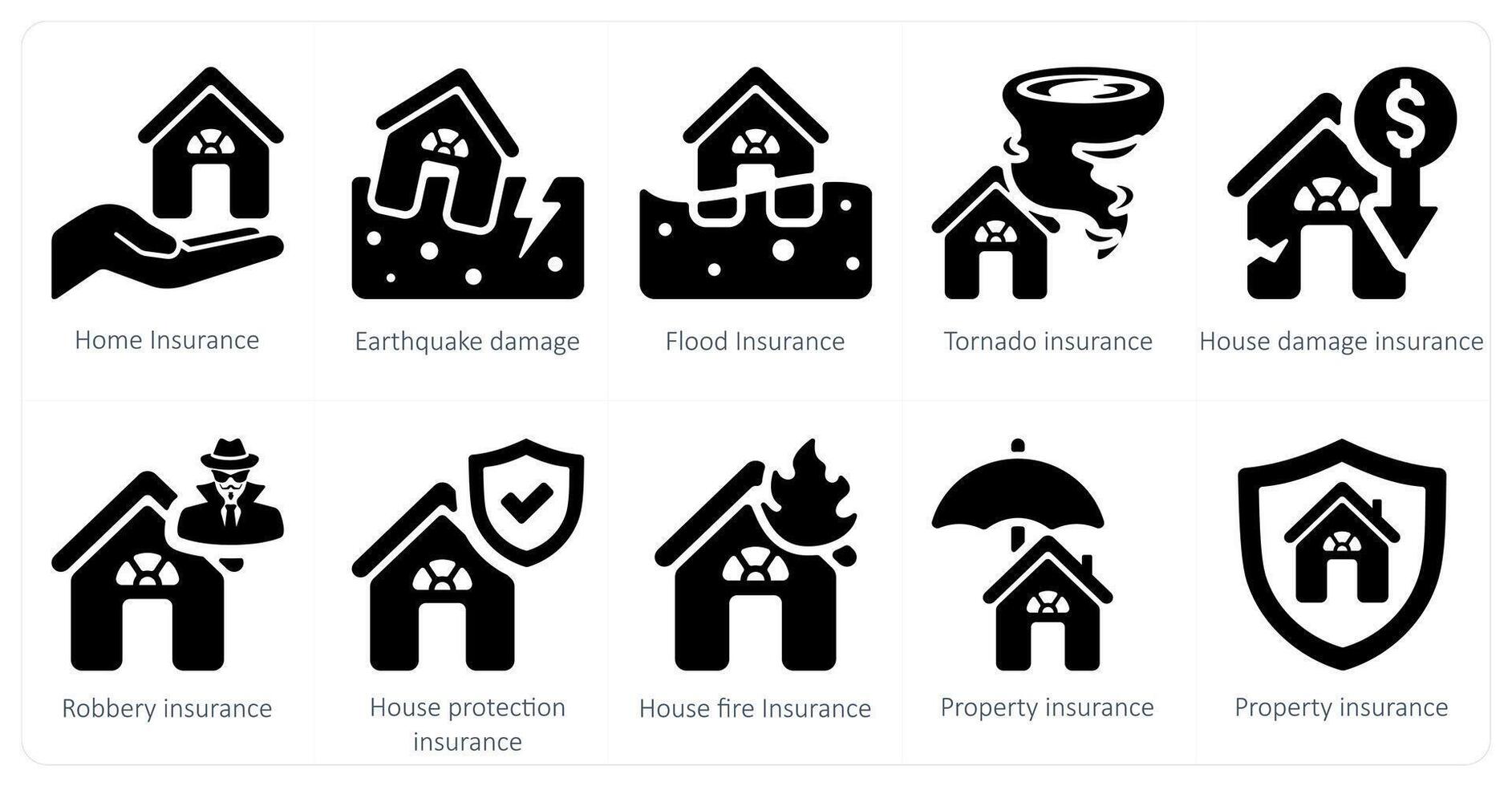 A set of 10 Insurance icons as home insurance, earthquake damage, flood insurance vector