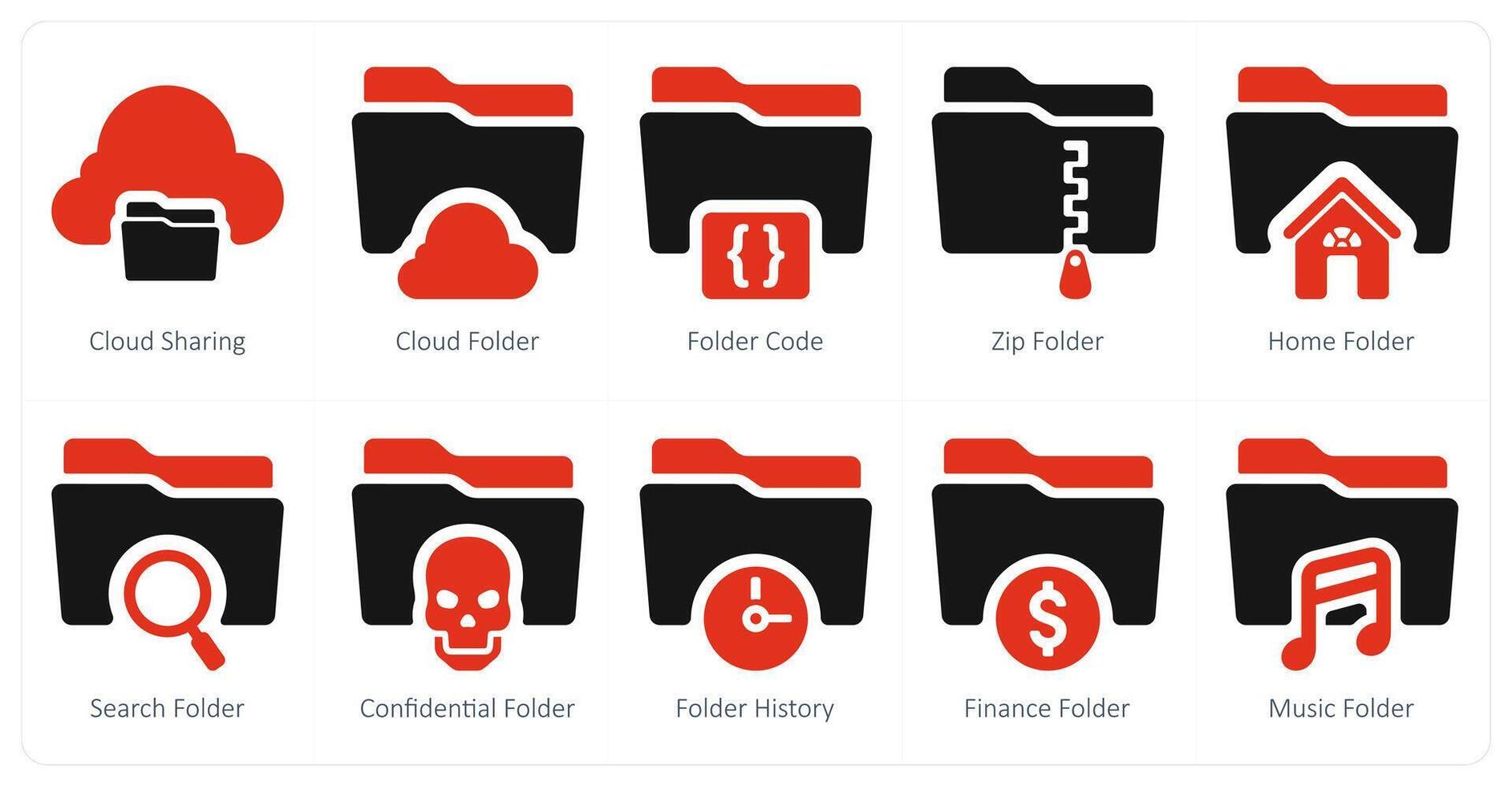 A set of 10 Folder icons as cloud sharing, cloud folder, folder code vector