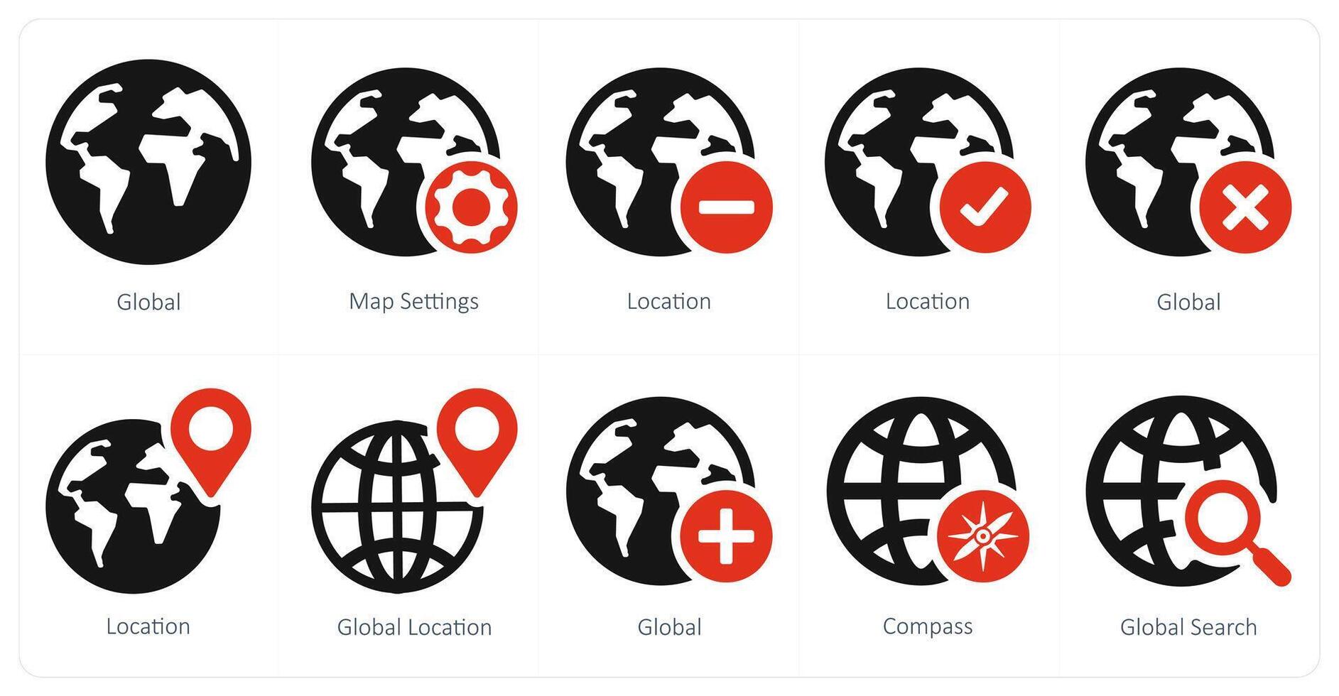 un conjunto de 10 navegación íconos como global, mapa ajustes, ubicación vector