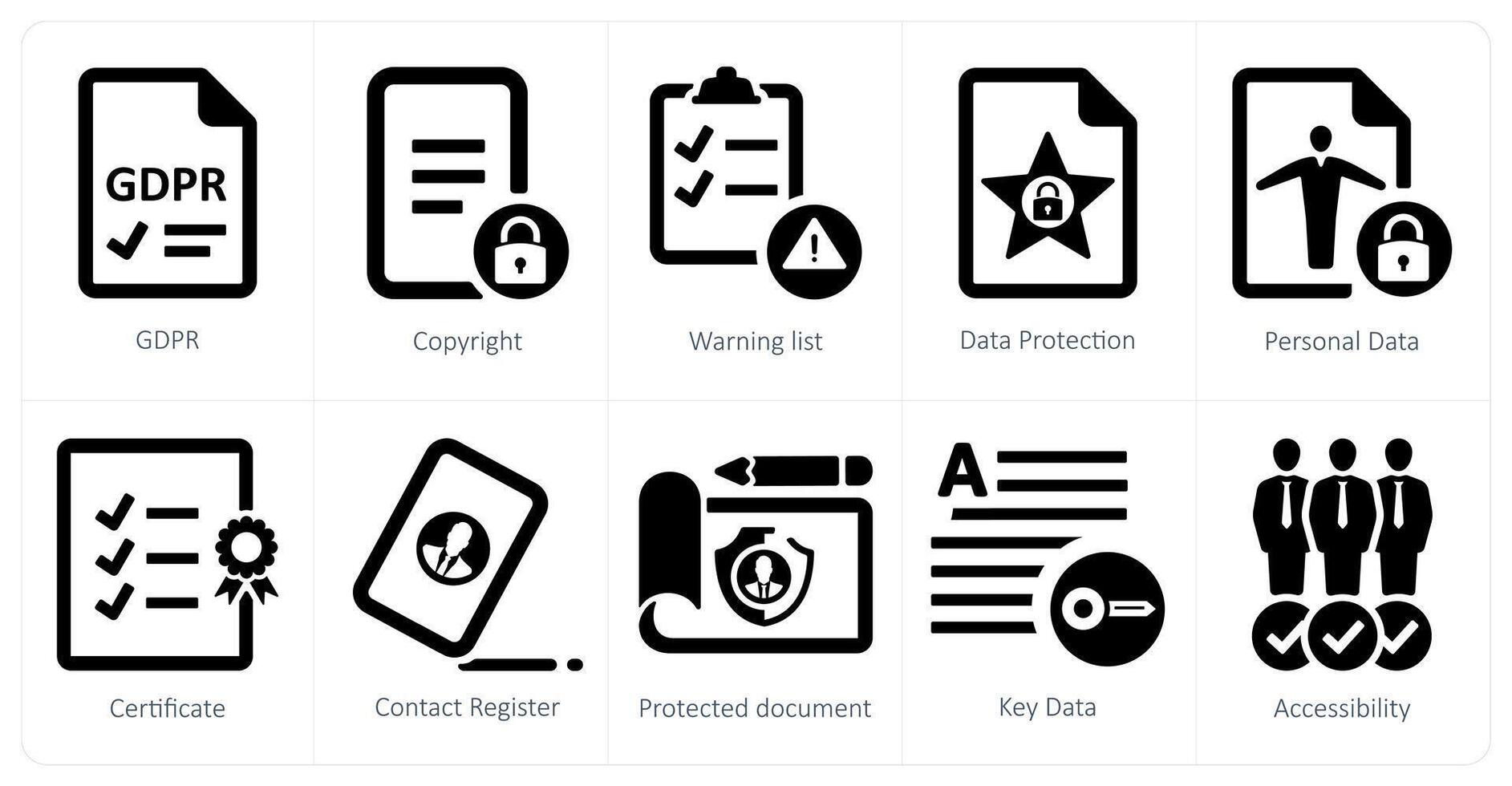 A set of 10 gdpr icons as gdpr, copyright, wraning list vector