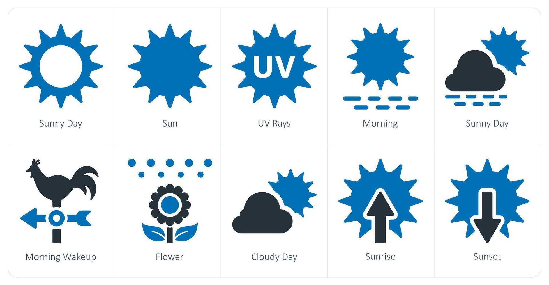 un conjunto de 10 clima íconos como soleado día, sol, uv rayos vector