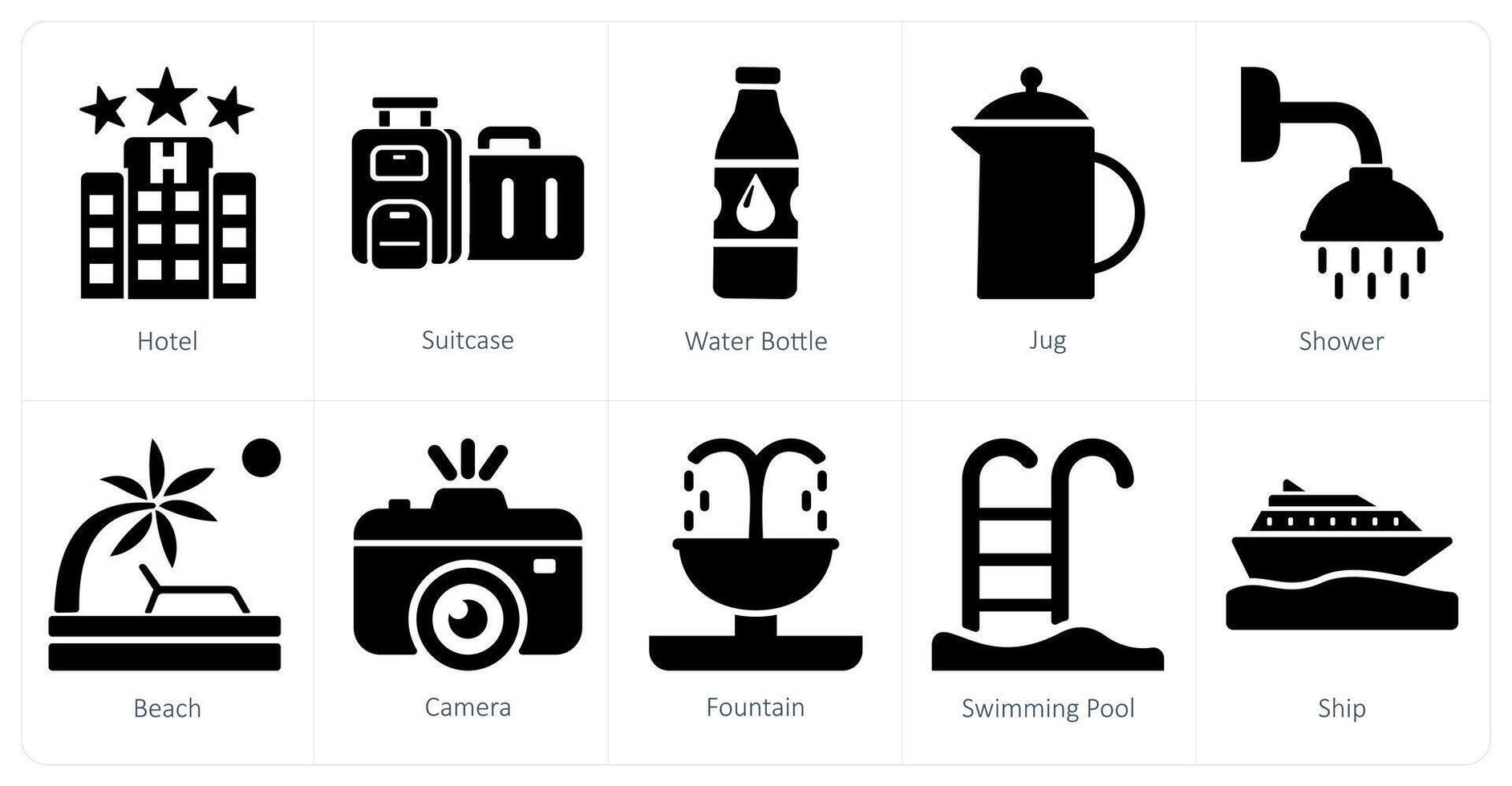 A set of 10 mix icons as hotel, suitcase, water bottle vector