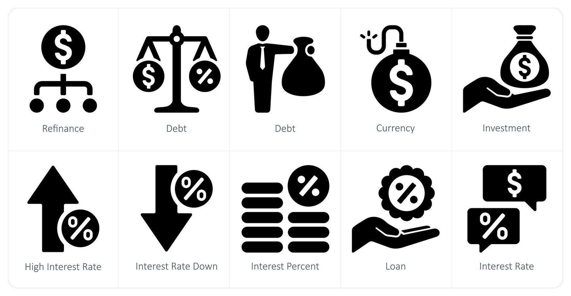 A set of 10 Loan and Debt icons as refinance, debt, currency vector