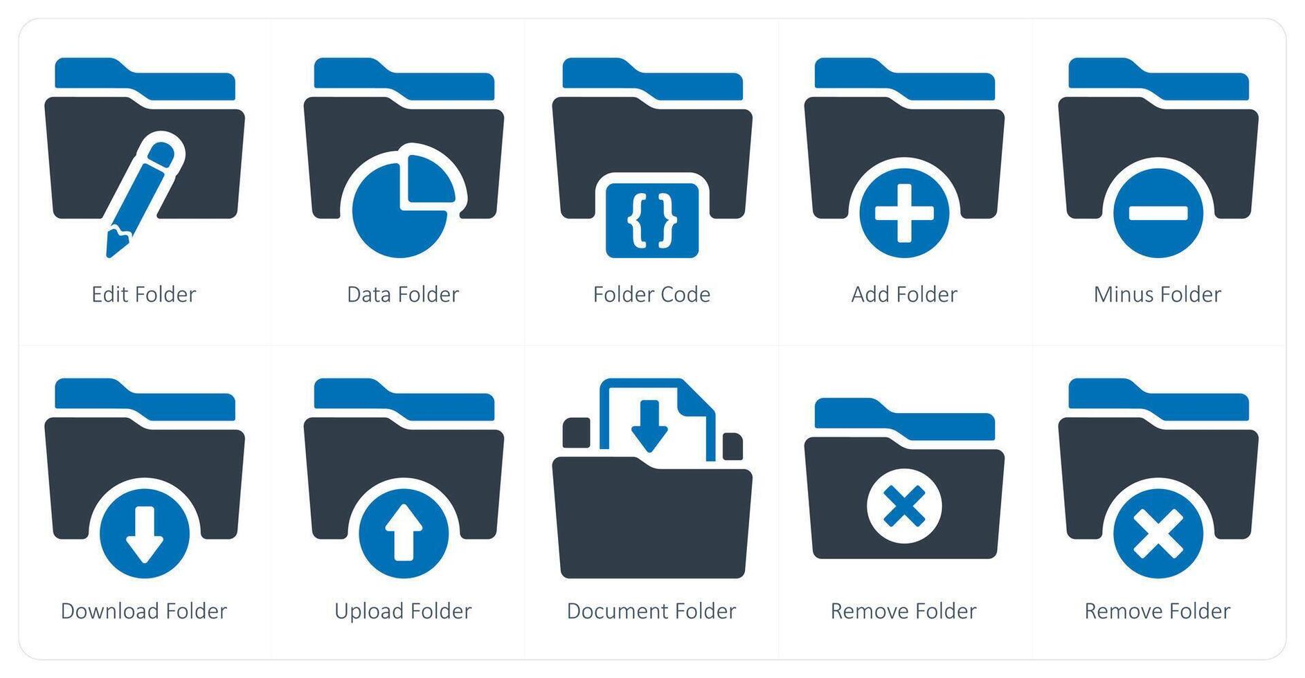 A set of 10 Folder icons as edit folder, data folder, folder code vector