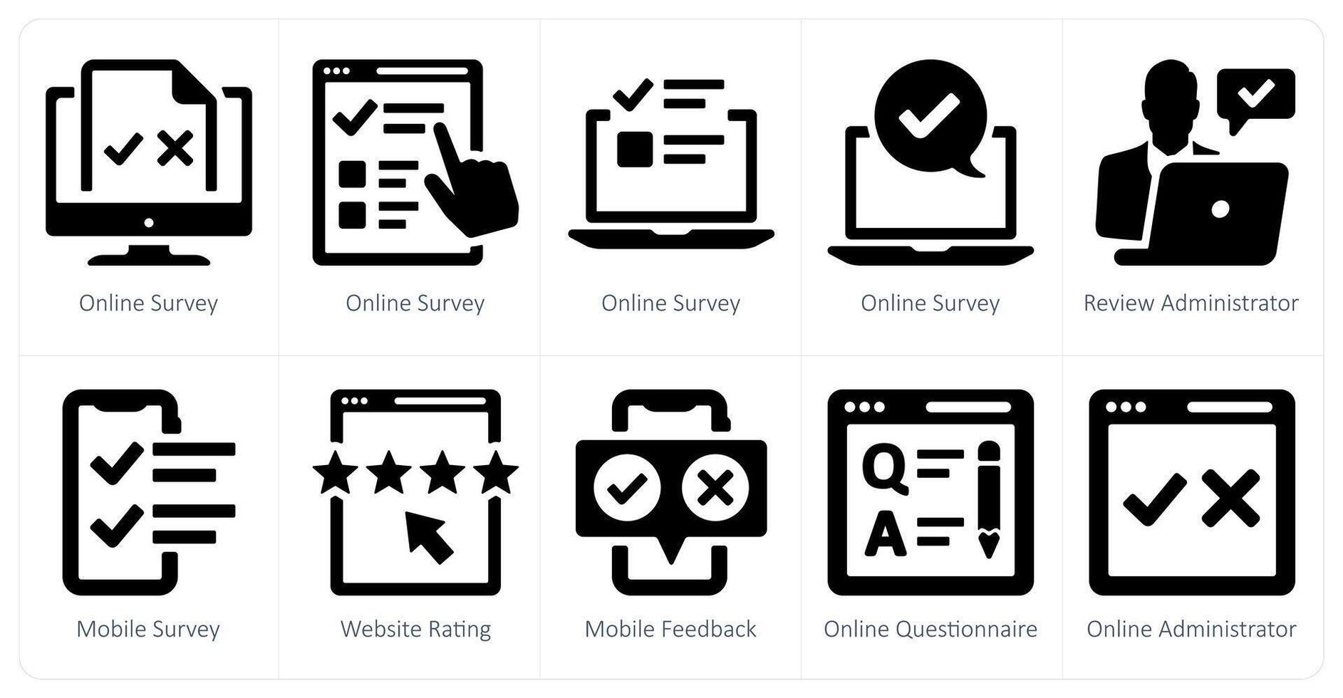 A set of 10 survey and ratings icons as online survey, review administrator, mobile survey vector