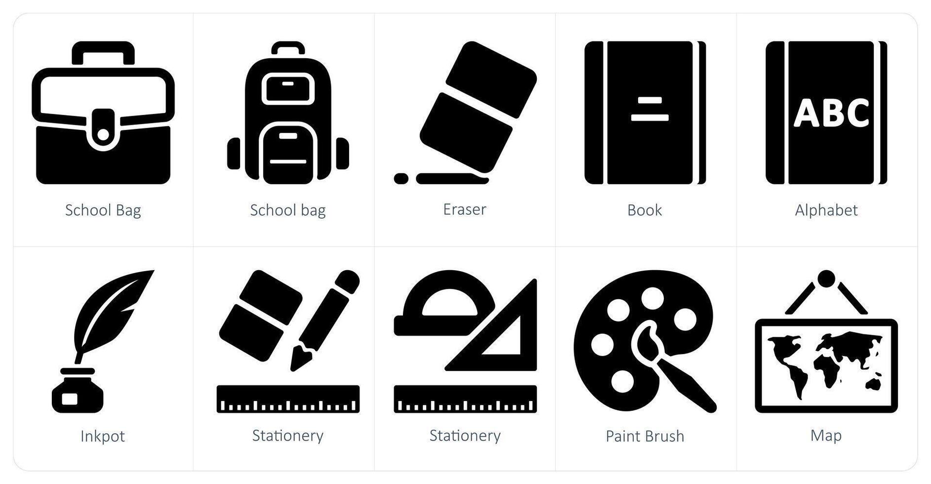 A set of 10 School and Education icons as school bag, eraser, book vector