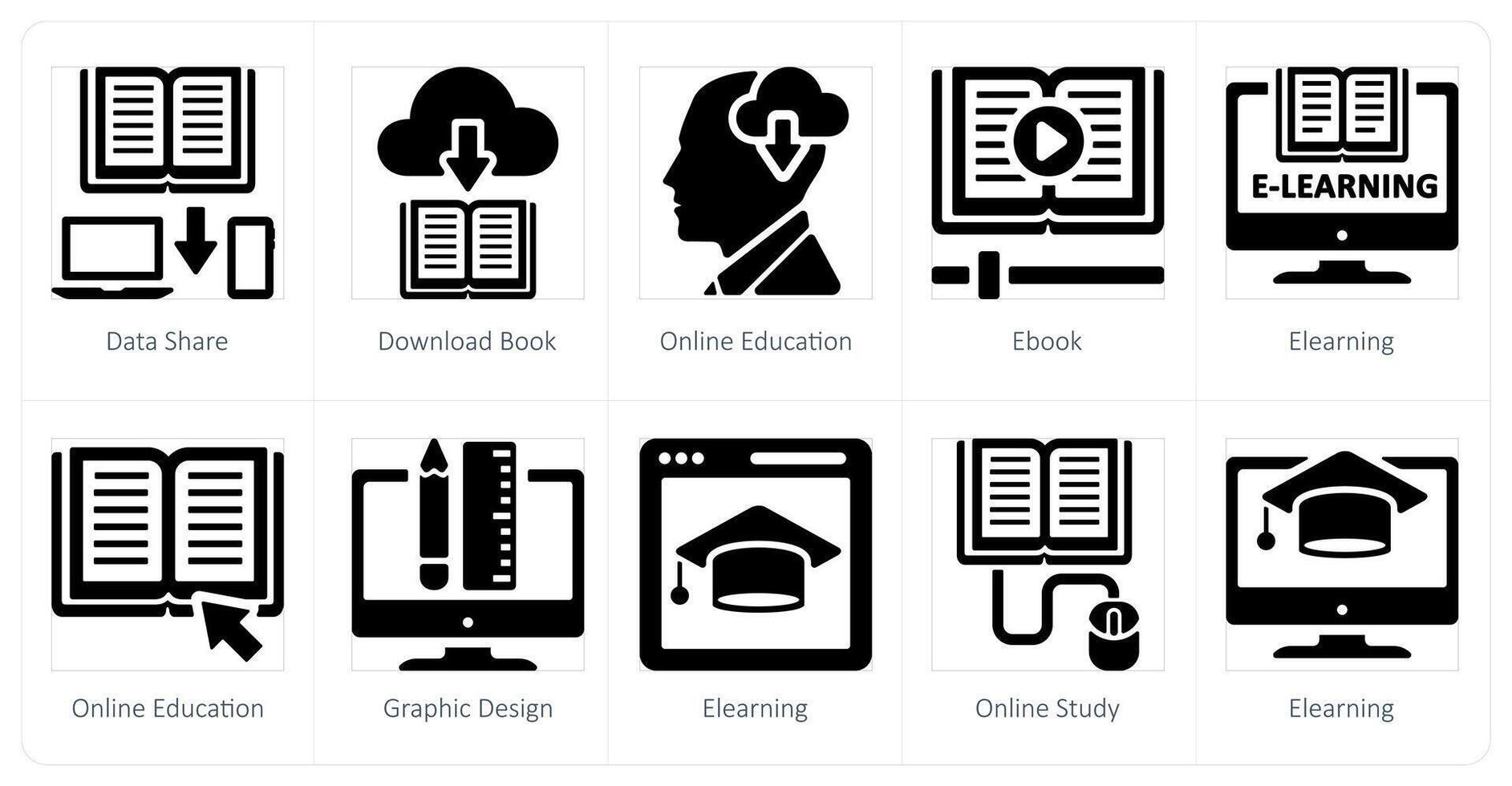 A set of 10 online education icons as data share, download book, online education vector