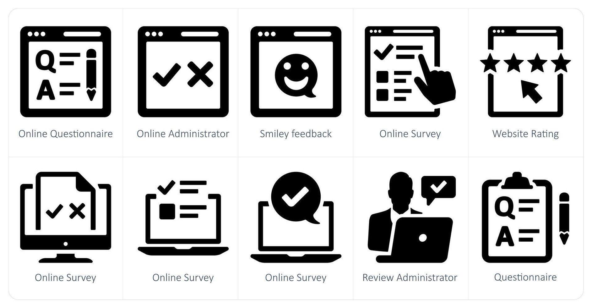 A set of 10 survey and ratings icons as online questionnaire, online adminsitrator, smiley feedback vector