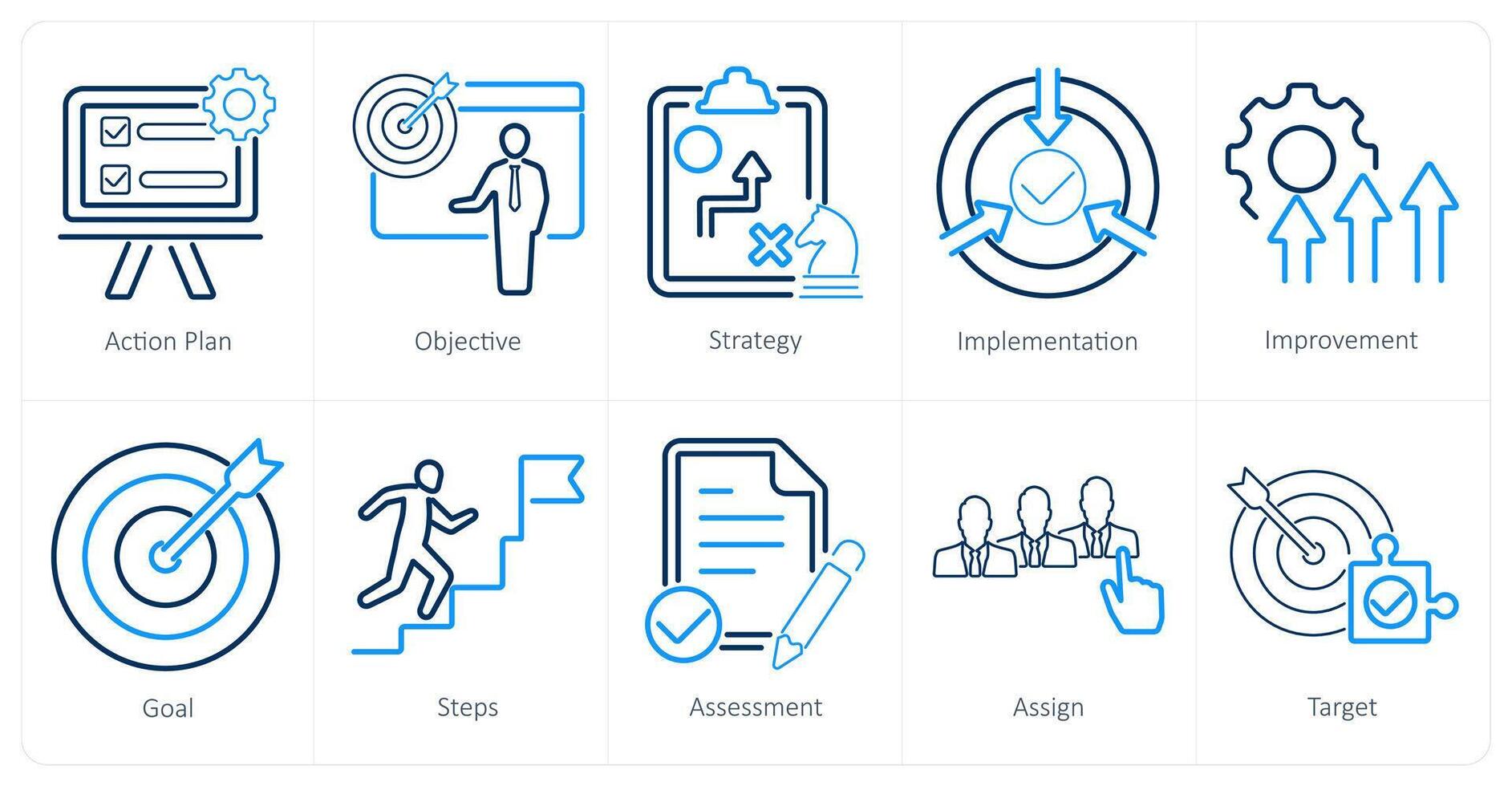 A set of 10 action plan icons as action plan, objective, strategy vector