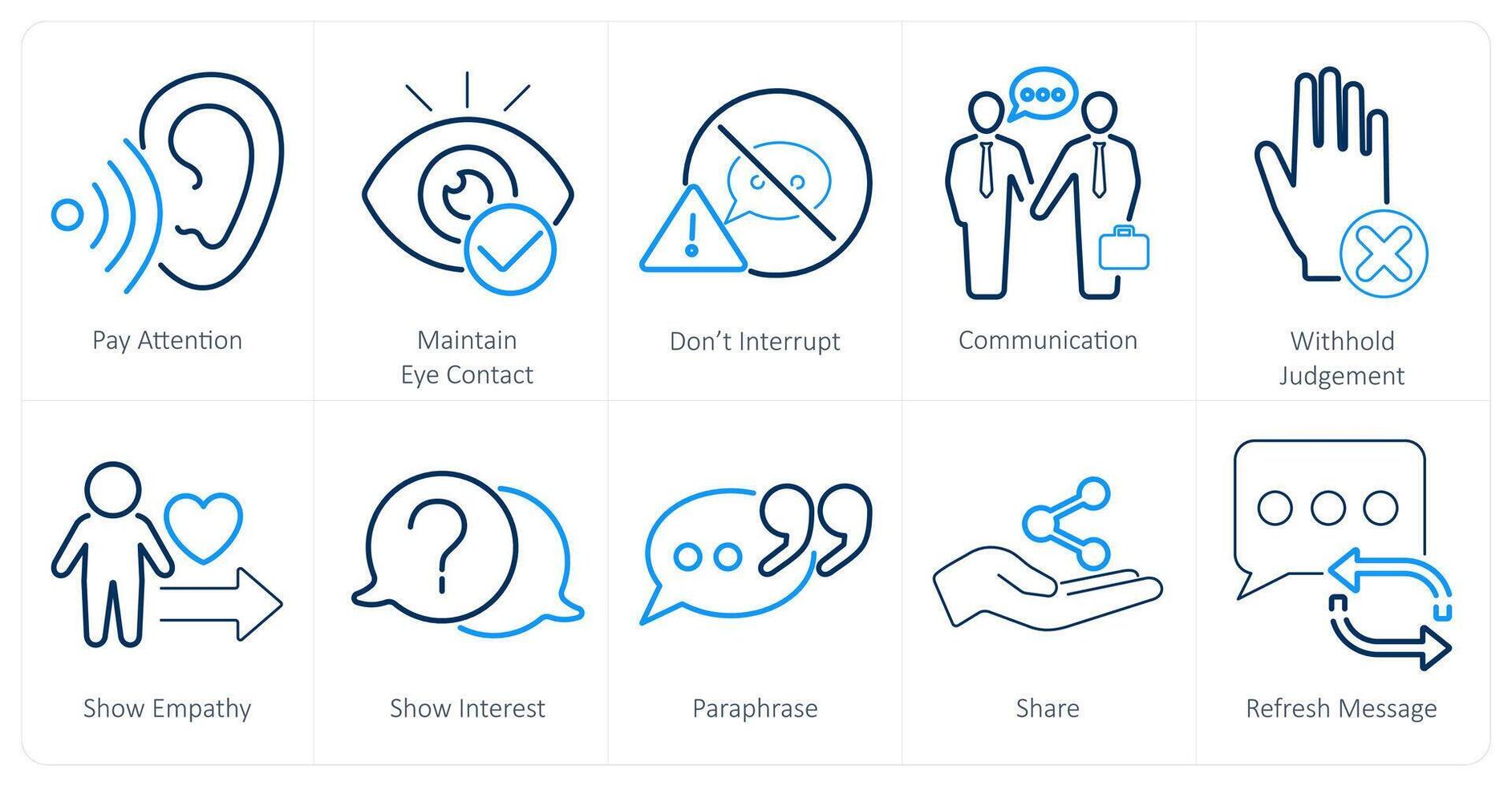 A set of 10 active listening icons as pay attention, maintain eye contact, dont interrupt vector