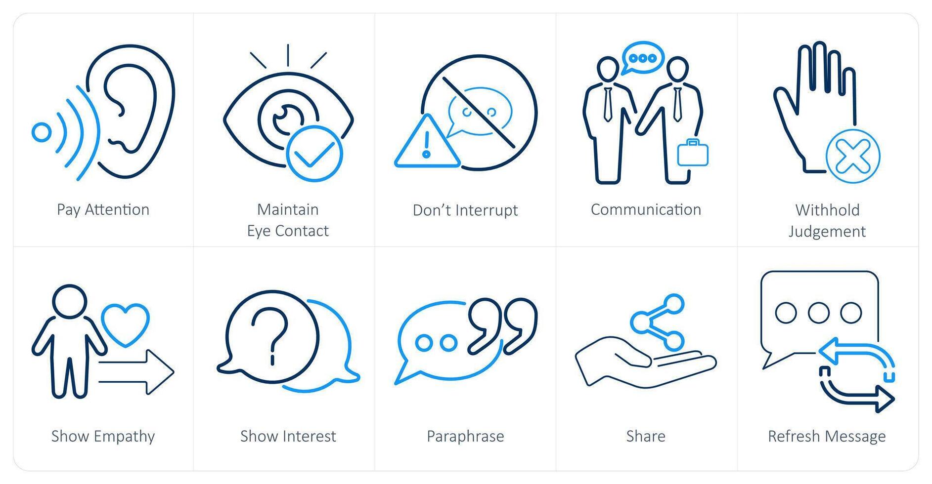 un conjunto de 10 activo escuchando íconos como pagar atención, mantener ojo contacto, no interrumpir vector