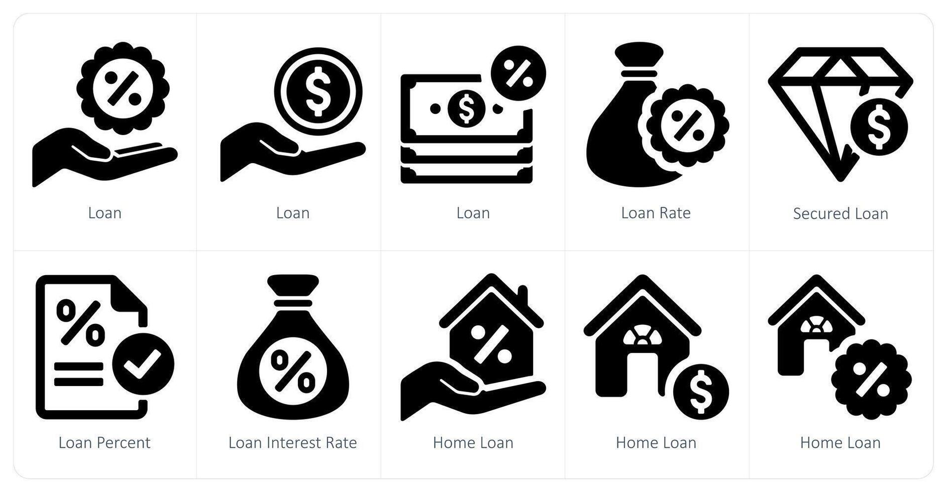 A set of 10 Loan and Debt icons as loan, loan rate, secured loan vector