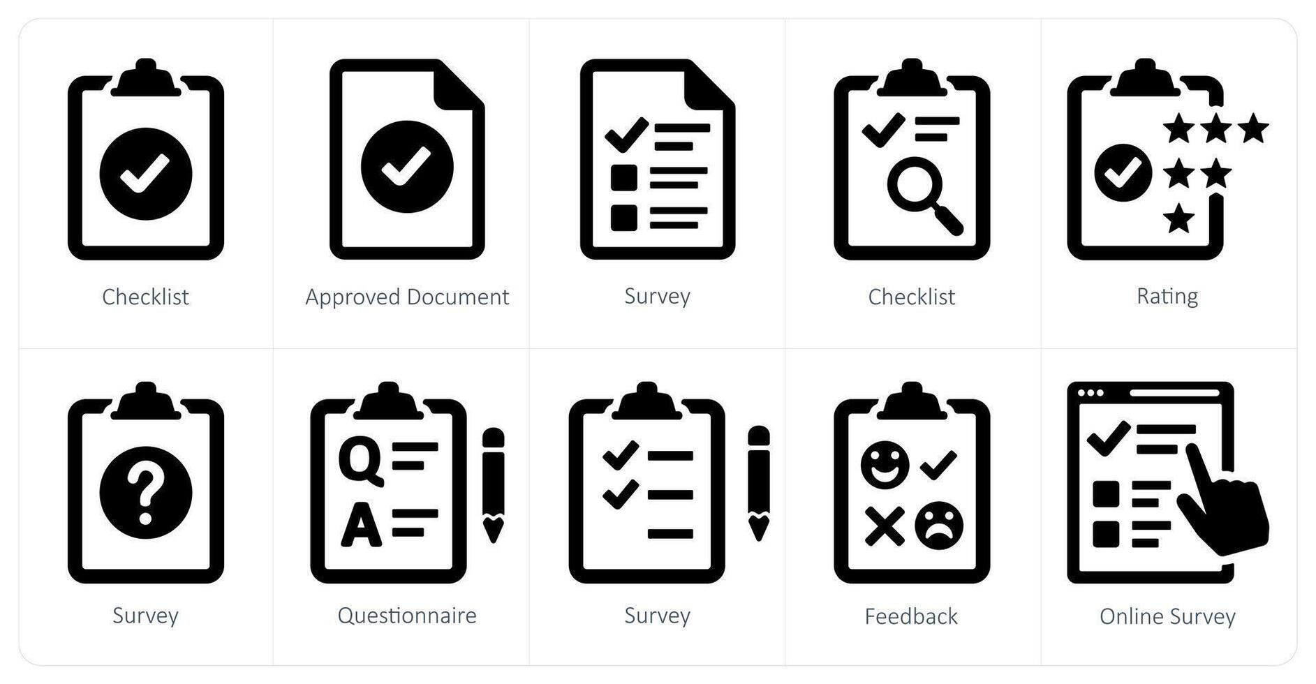 A set of 10 survey and ratings icons as checklist, approved document, survey vector