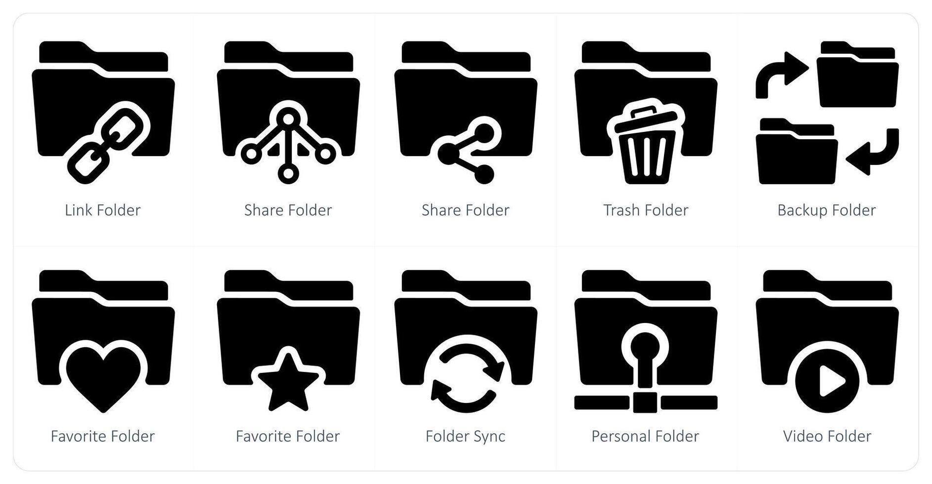 A set of 10 Folder icons as link folder, share folder, trash folder vector