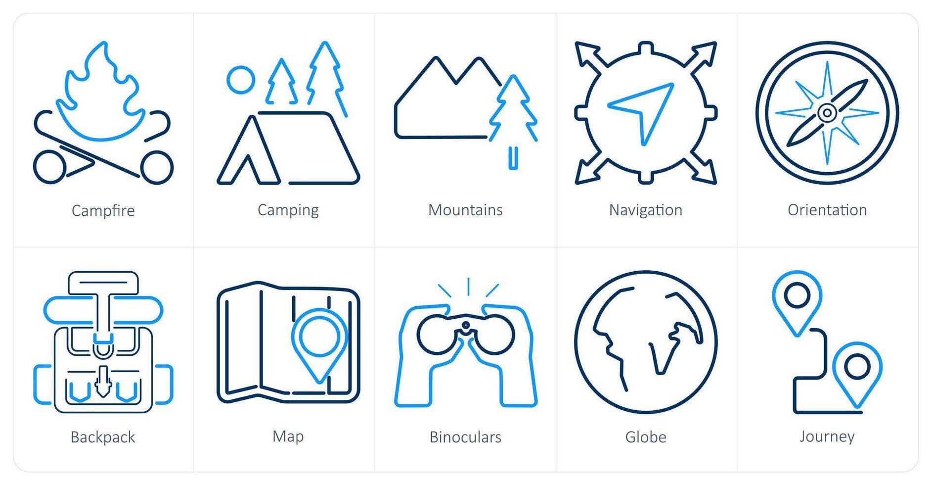 A set of 10 adventure icons as campfire, camping, mountains vector