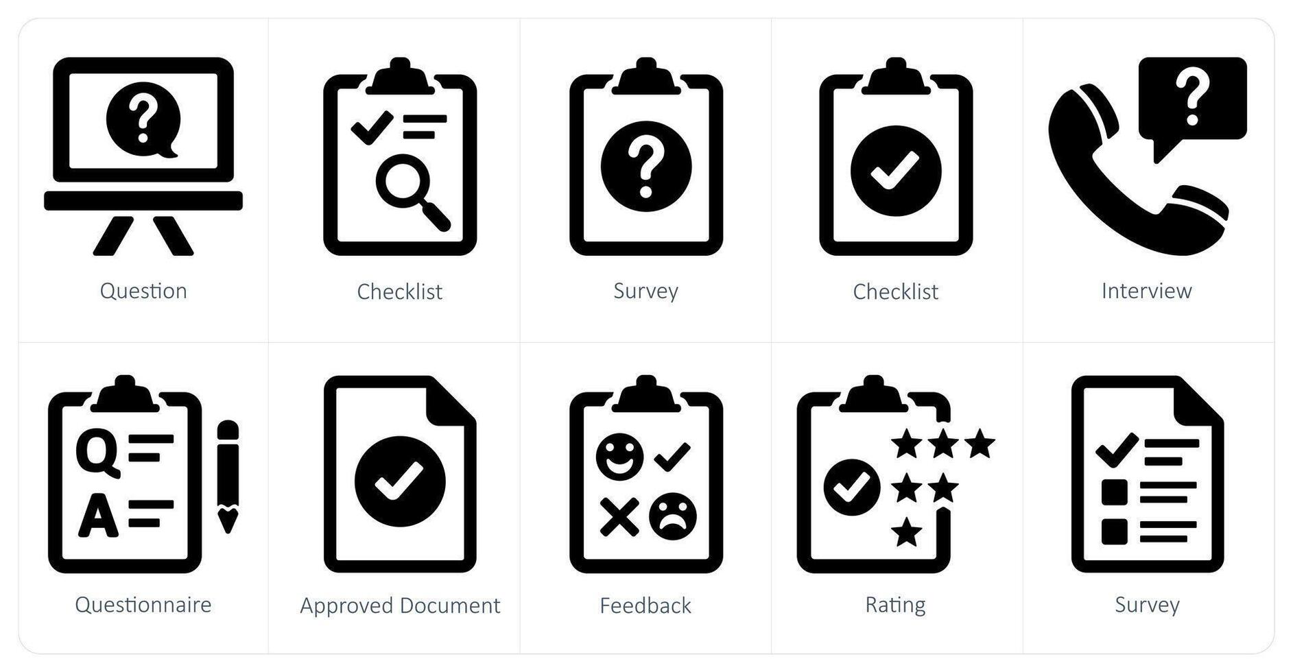 A set of 10 survey and ratings icons as question, checklist, survey vector