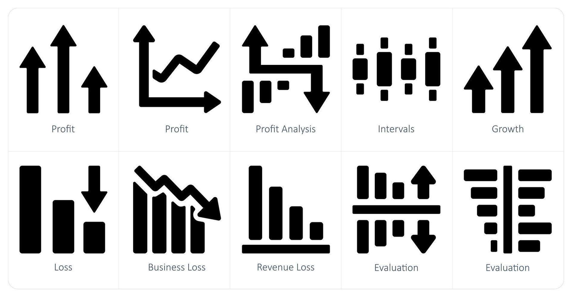 un conjunto de 10 diagramas y informes íconos como ganancia, lucro análisis, intervalos vector