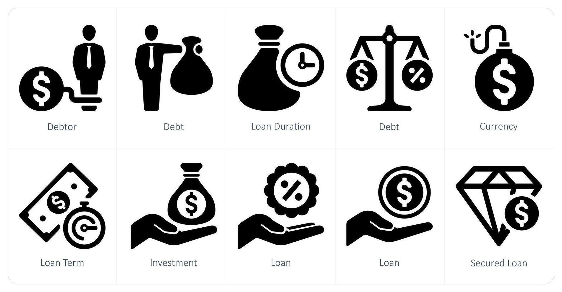 A set of 10 Loan and Debt icons as debtor, debt, loan duration vector