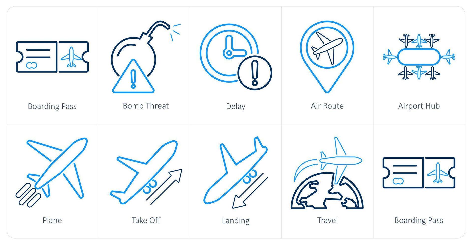 A set of 10 airport icons as boarding pass, bomb threat, delay vector