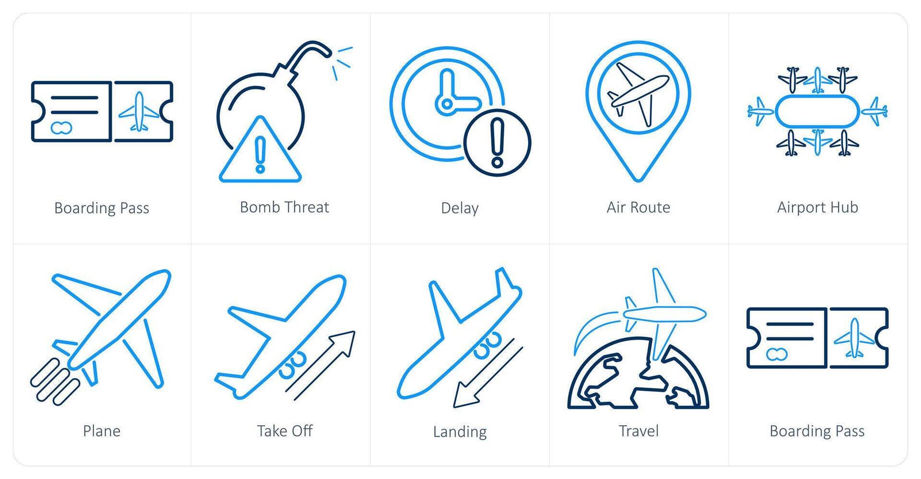 un conjunto de 10 aeropuerto íconos como embarque aprobar, bomba amenaza, retrasar vector