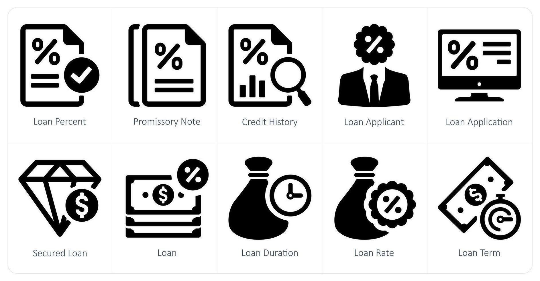 A set of 10 Loan and Debt icons as loan percent, promissory note, credit history vector