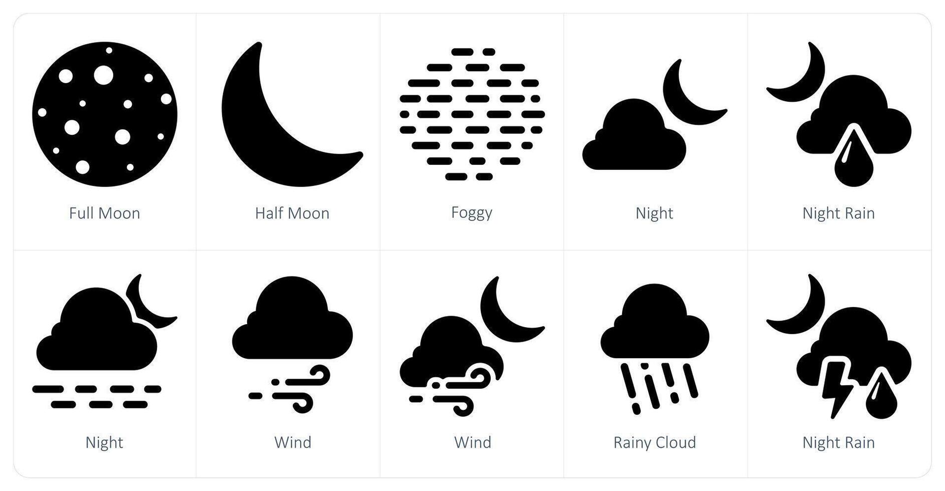 un conjunto de 10 clima íconos como lleno luna, medio luna, brumoso vector