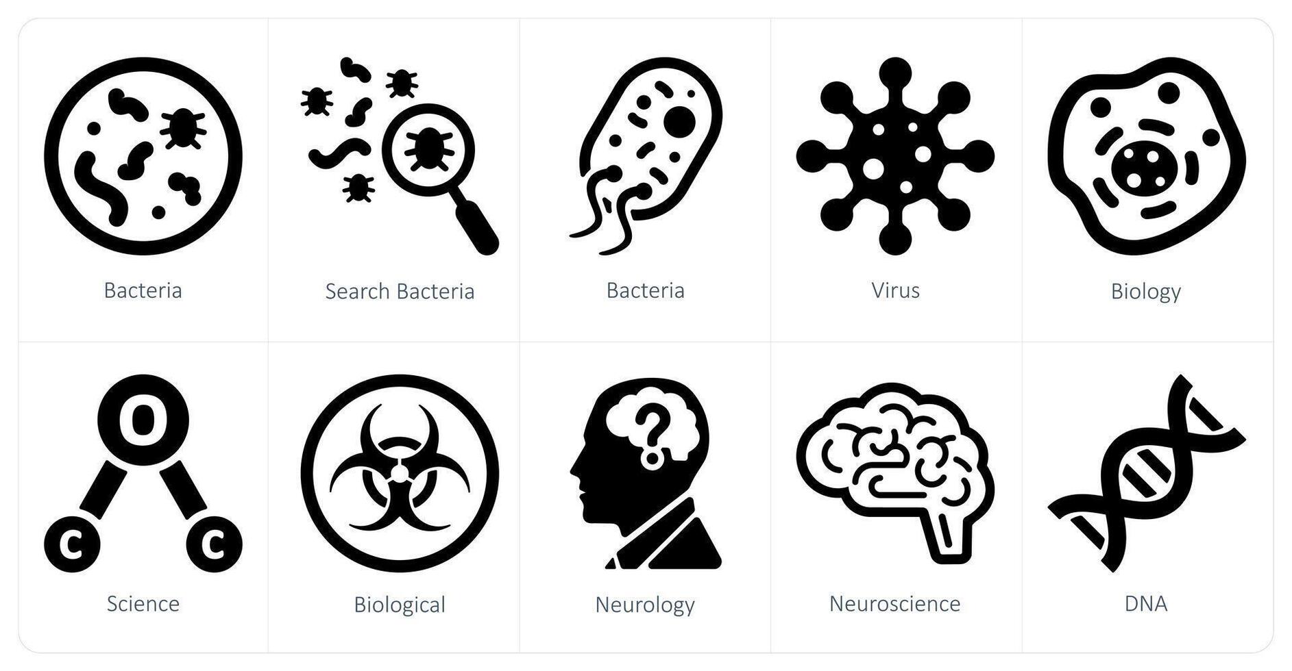 A set of 10 Science and Experiment icons as bacteria, search bacteria, virus vector