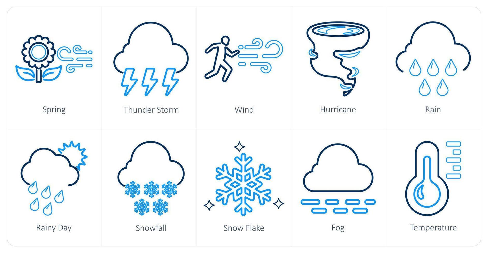 un conjunto de 10 mezcla íconos como primavera, trueno tormenta, viento vector