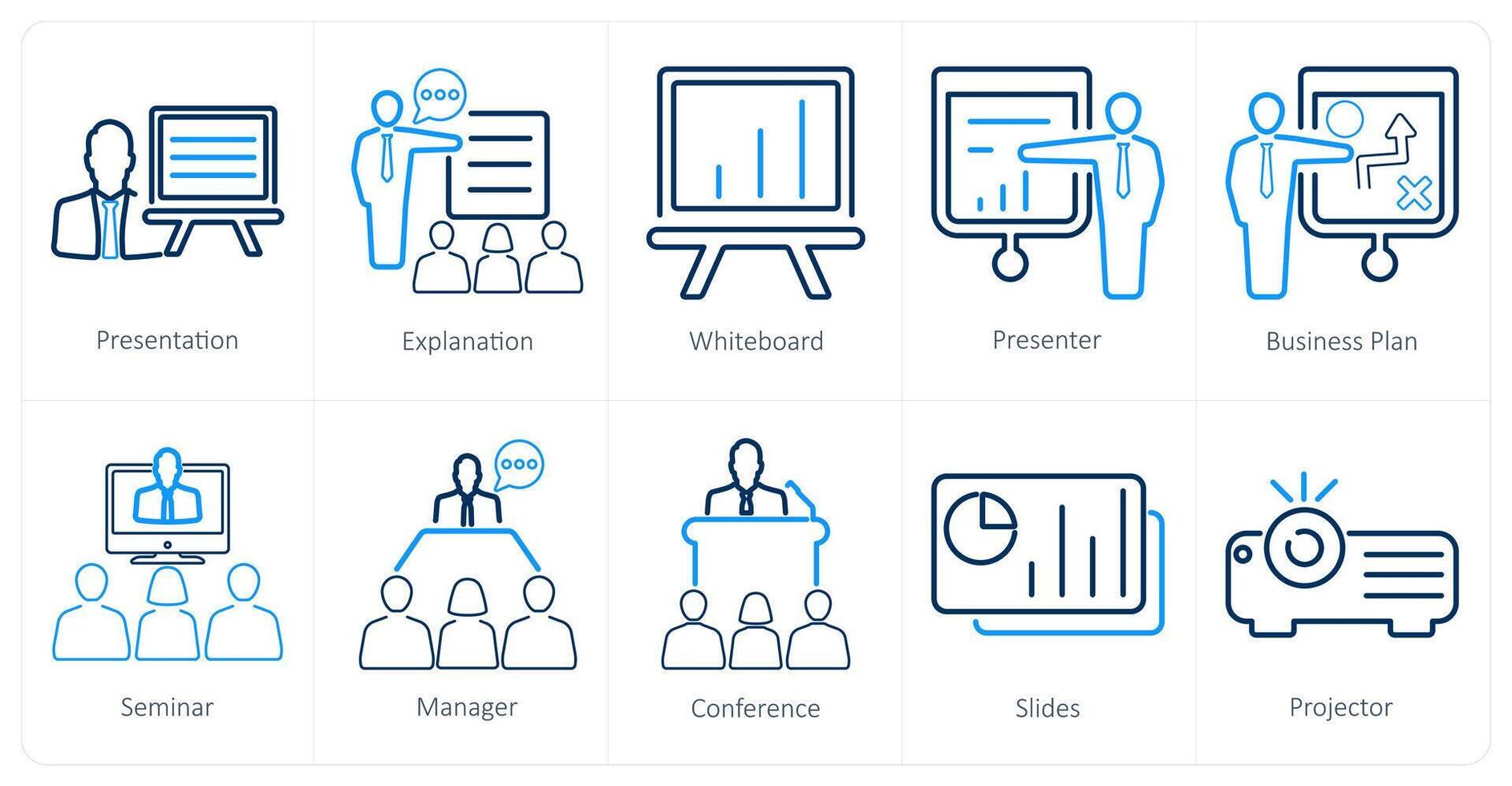 A set of 10 business presentation icons as presentation, explanation, white board vector