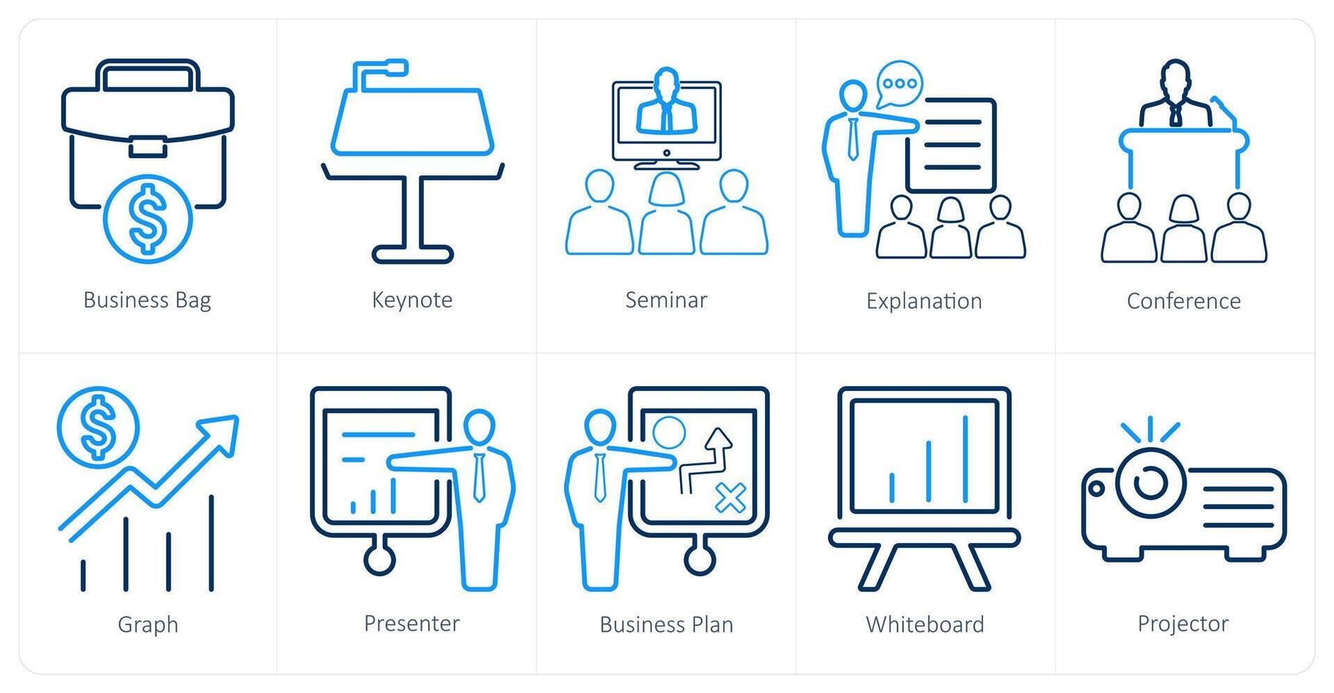 A set of 10 business presentation icons as business bag, keynote, seminar vector