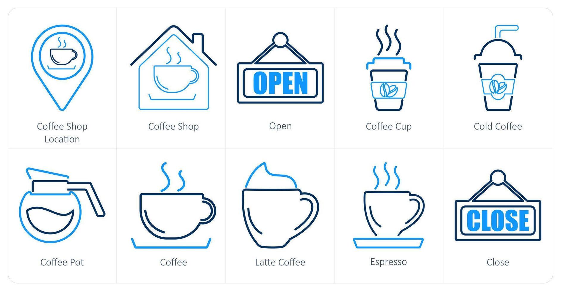 un conjunto de 10 café íconos como café tienda ubicación, café comercio, abierto vector