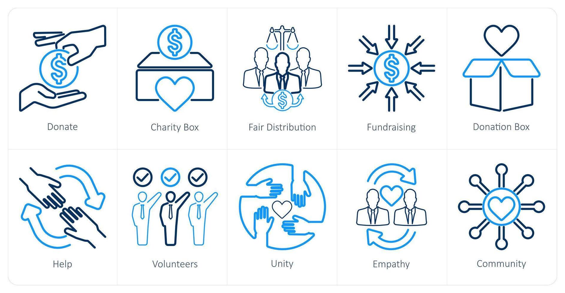 A set of 10 charity and donation icons as donate, charity box, fair distribution vector