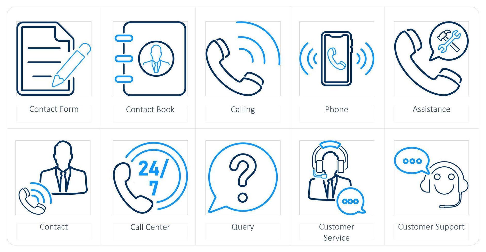 A set of 10 contact icons as contact form, contact book, calling vector