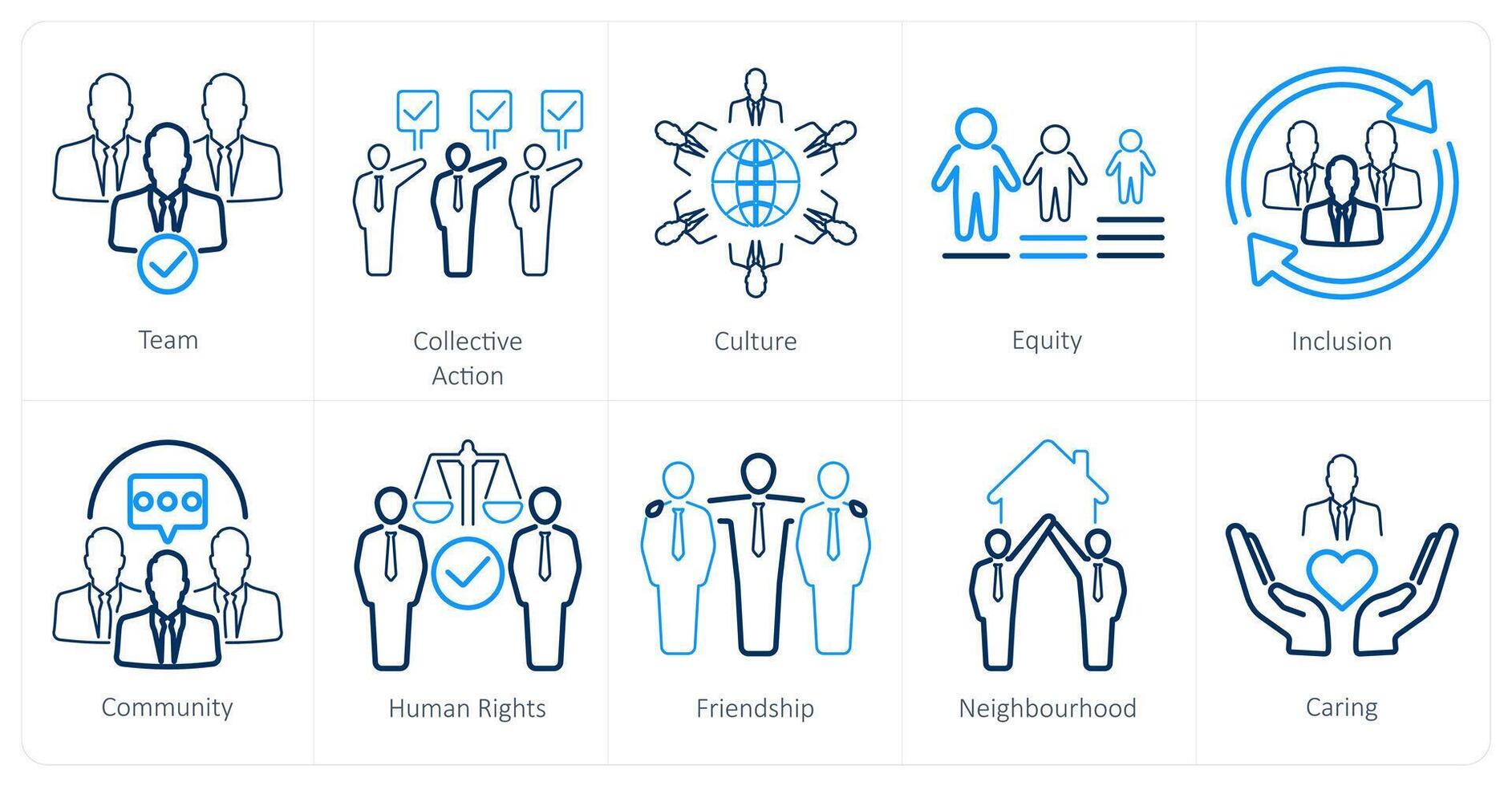 A set of 10 community icons as team, collective action, culture vector