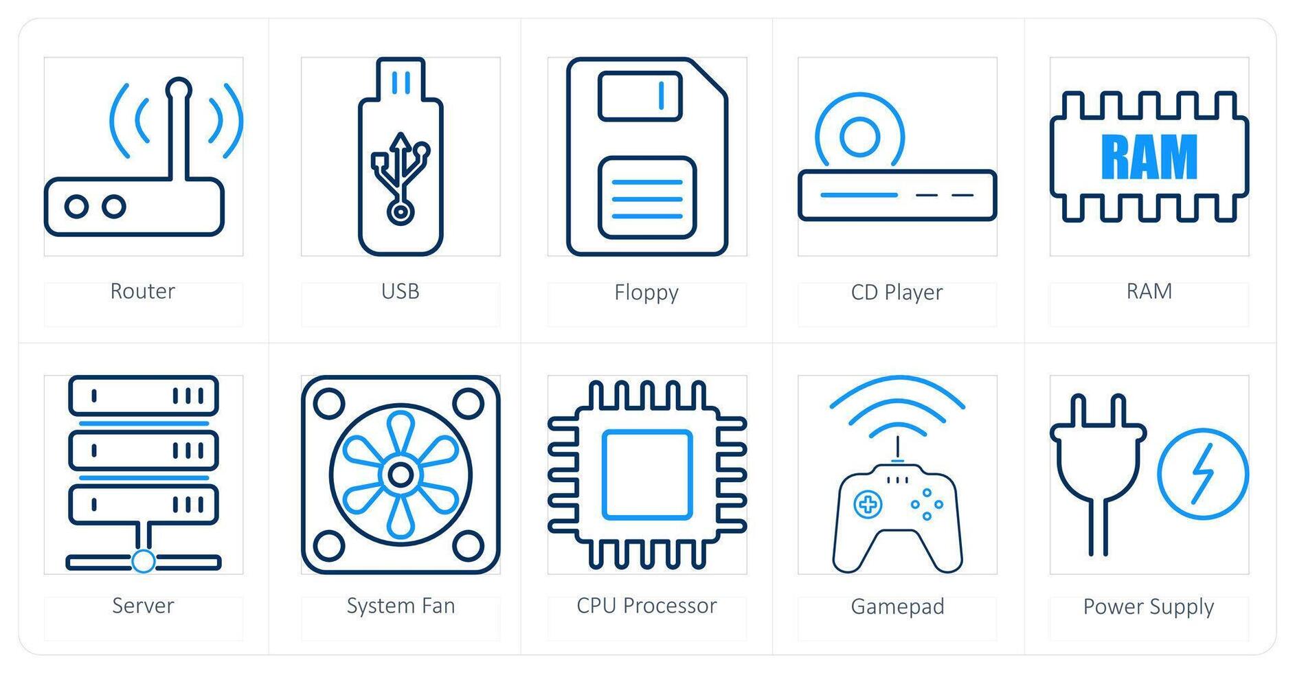 un conjunto de 10 computadora partes íconos como enrutador, USB, flexible vector
