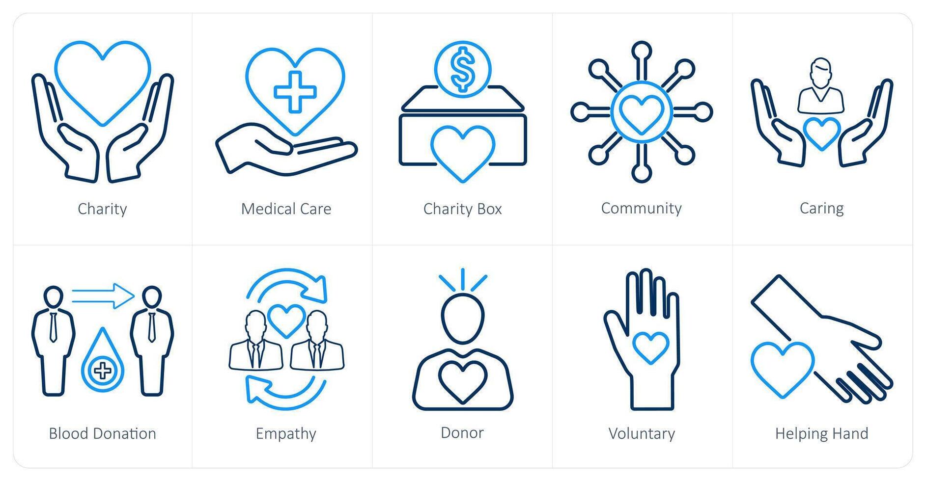 A set of 10 charity and donation icons as charity, medical care, charity box vector