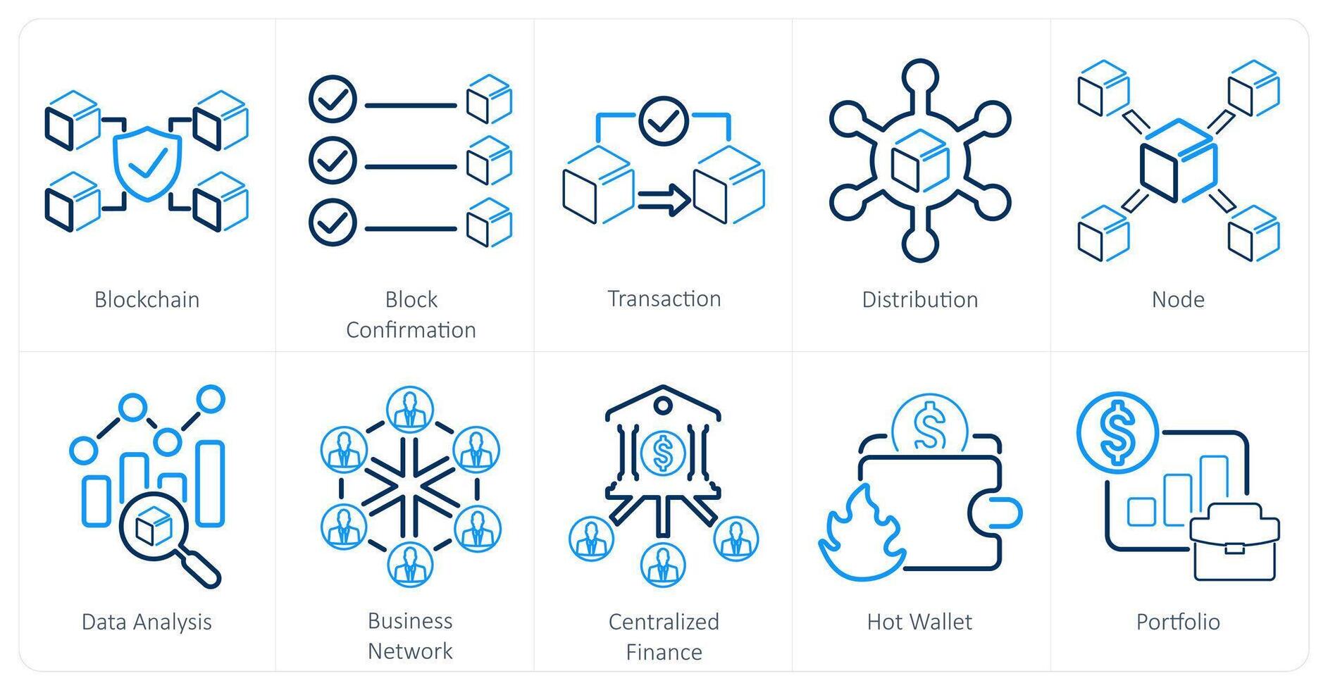 un conjunto de 10 blockchain íconos como cadena de bloques, bloquear confirmación, transacción vector