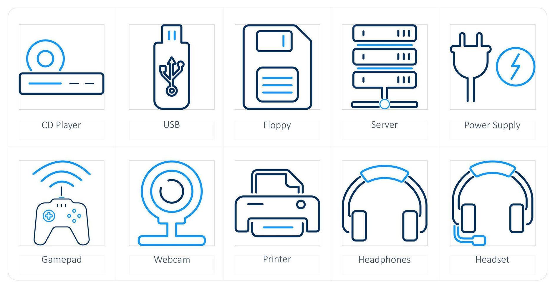 A set of 10 computer parts icons as cd player, usb, floppy vector
