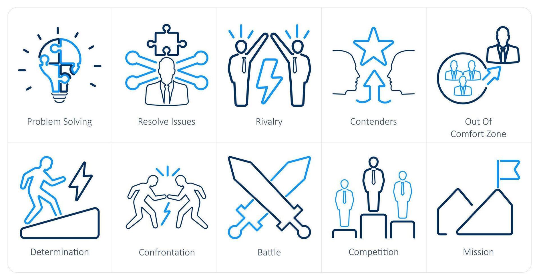 A set of 10 challenge icons as problem solving, resolve issues, rivalry vector